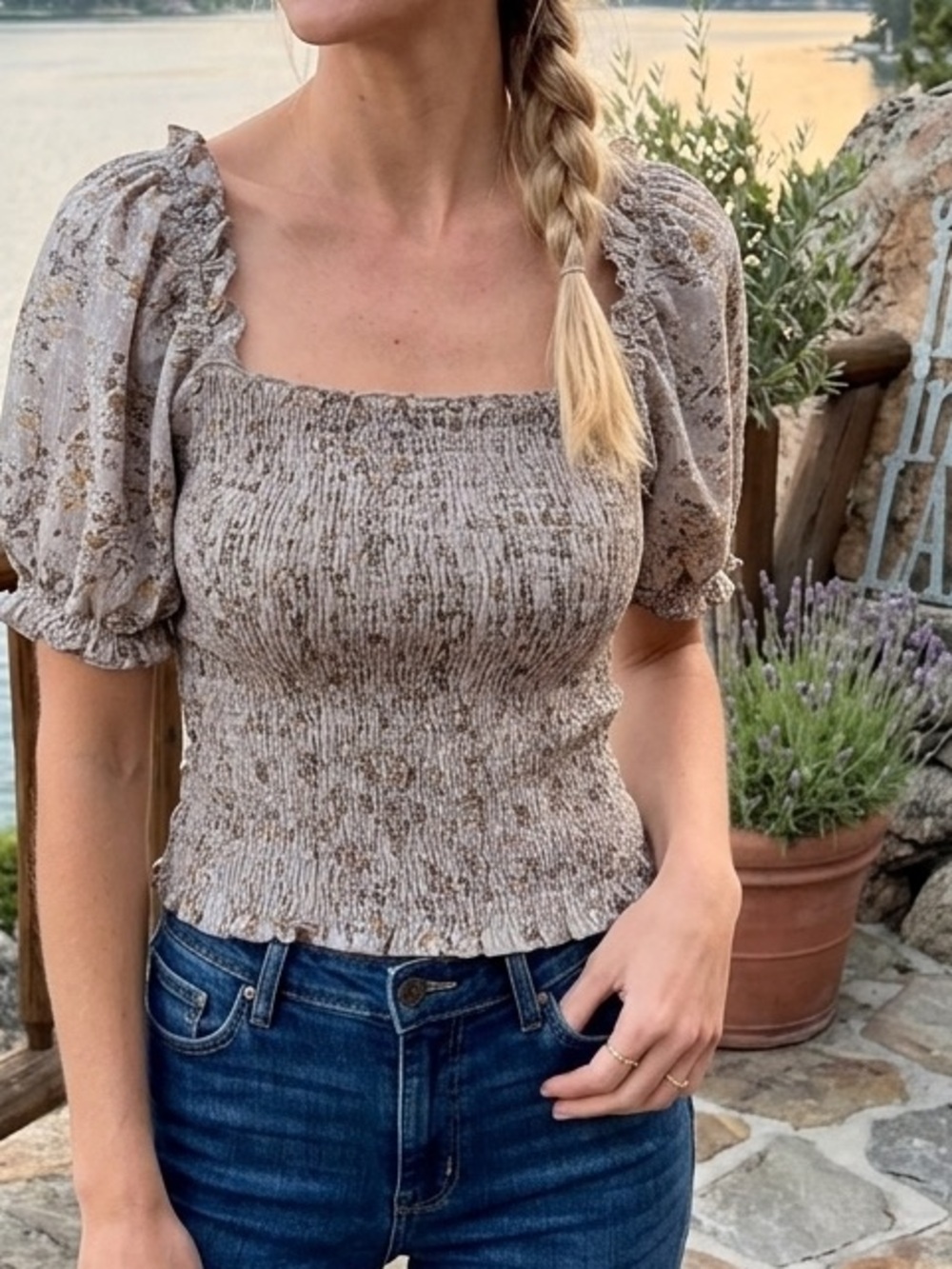NEW Smocked Square-Neck Crop Top in Light Blush Floral